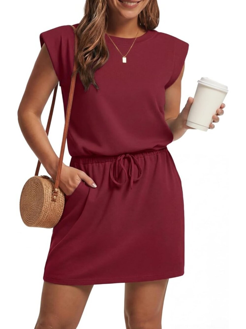 Women's Wine Red Casual Cap Sleeve Crew Neck Drawstring Waist Mini Beach Dress